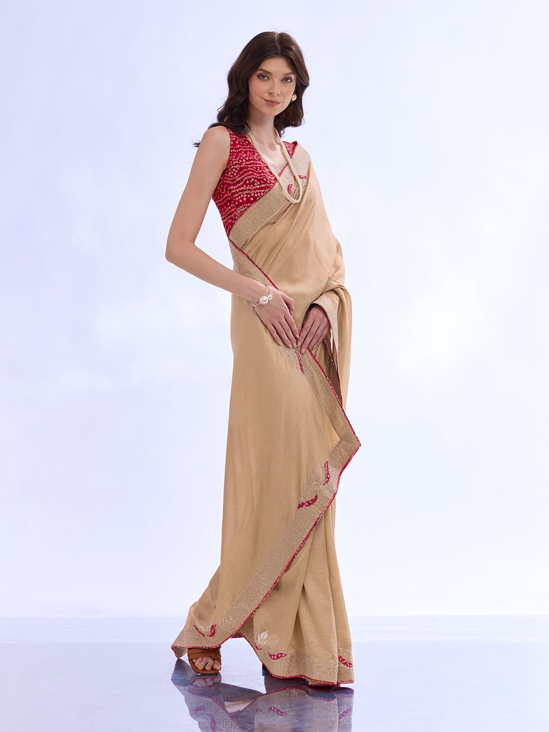 Beige Georgette Saree with Bandhani Blouse - Ressa