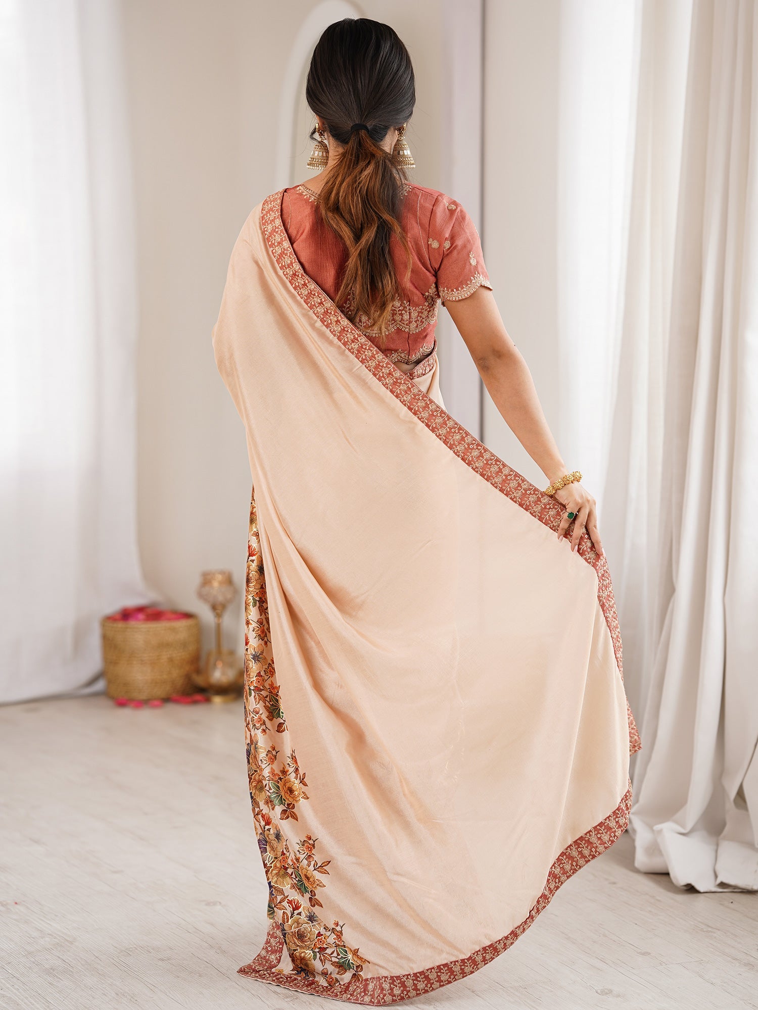 Beige Georgette Saree with Floral Digital Print - Ressa