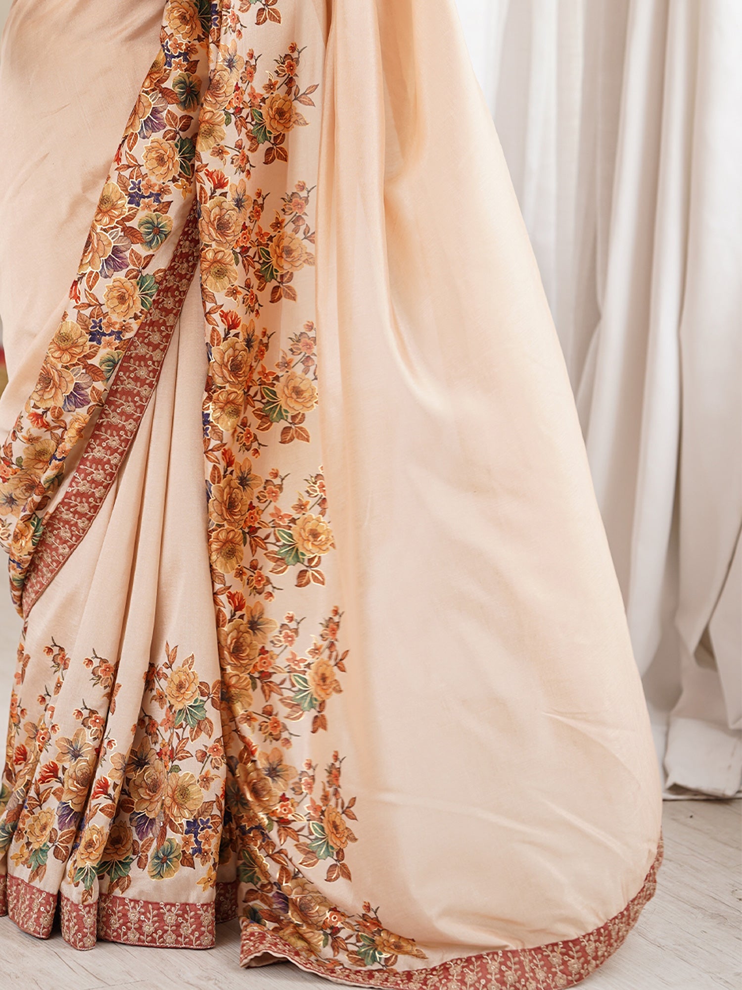 Beige Georgette Saree with Floral Digital Print - Ressa