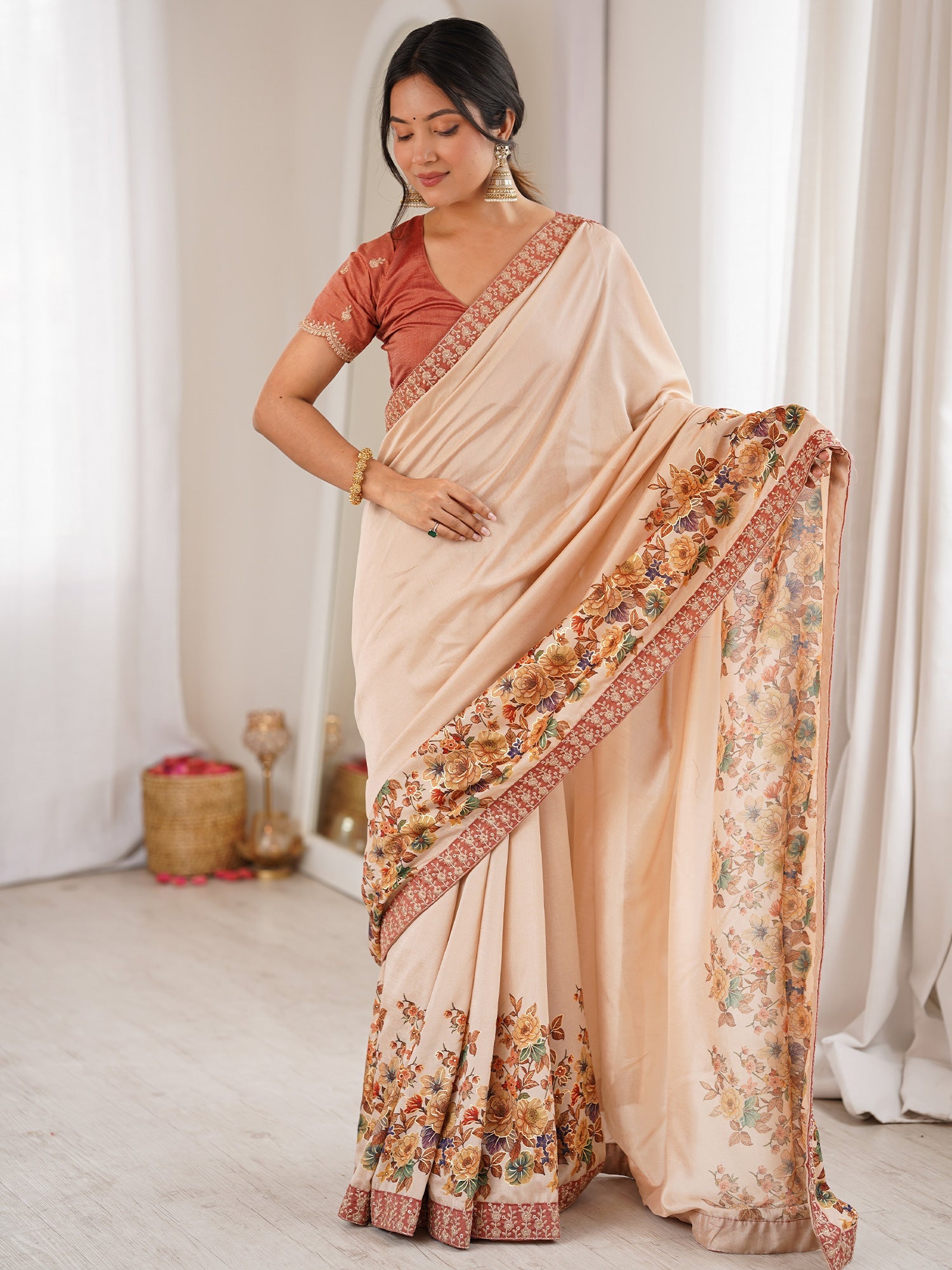 Beige Georgette Saree with Floral Digital Print - Ressa