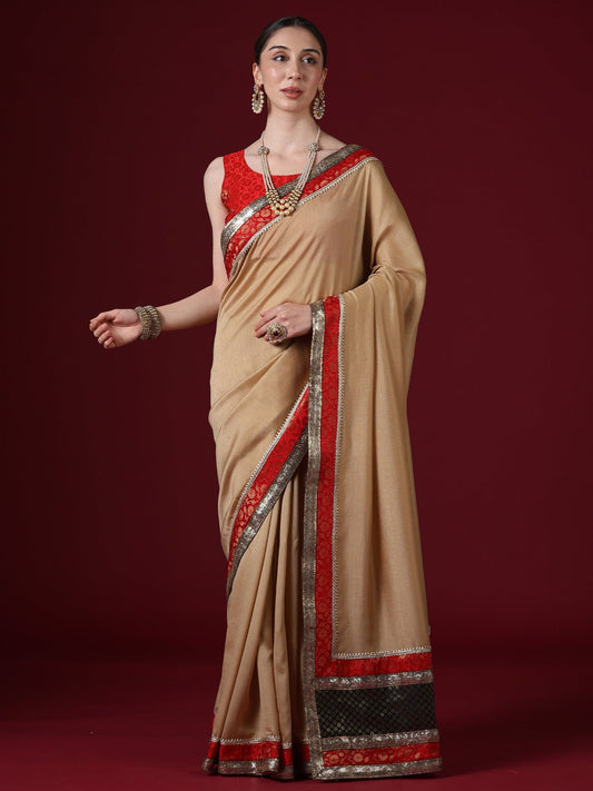 Beige Georgette Saree with Red Banarasi Border & Black Pallu - Ressa