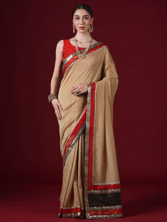 Beige Georgette Saree with Red Banarasi Border & Black Pallu - Ressa