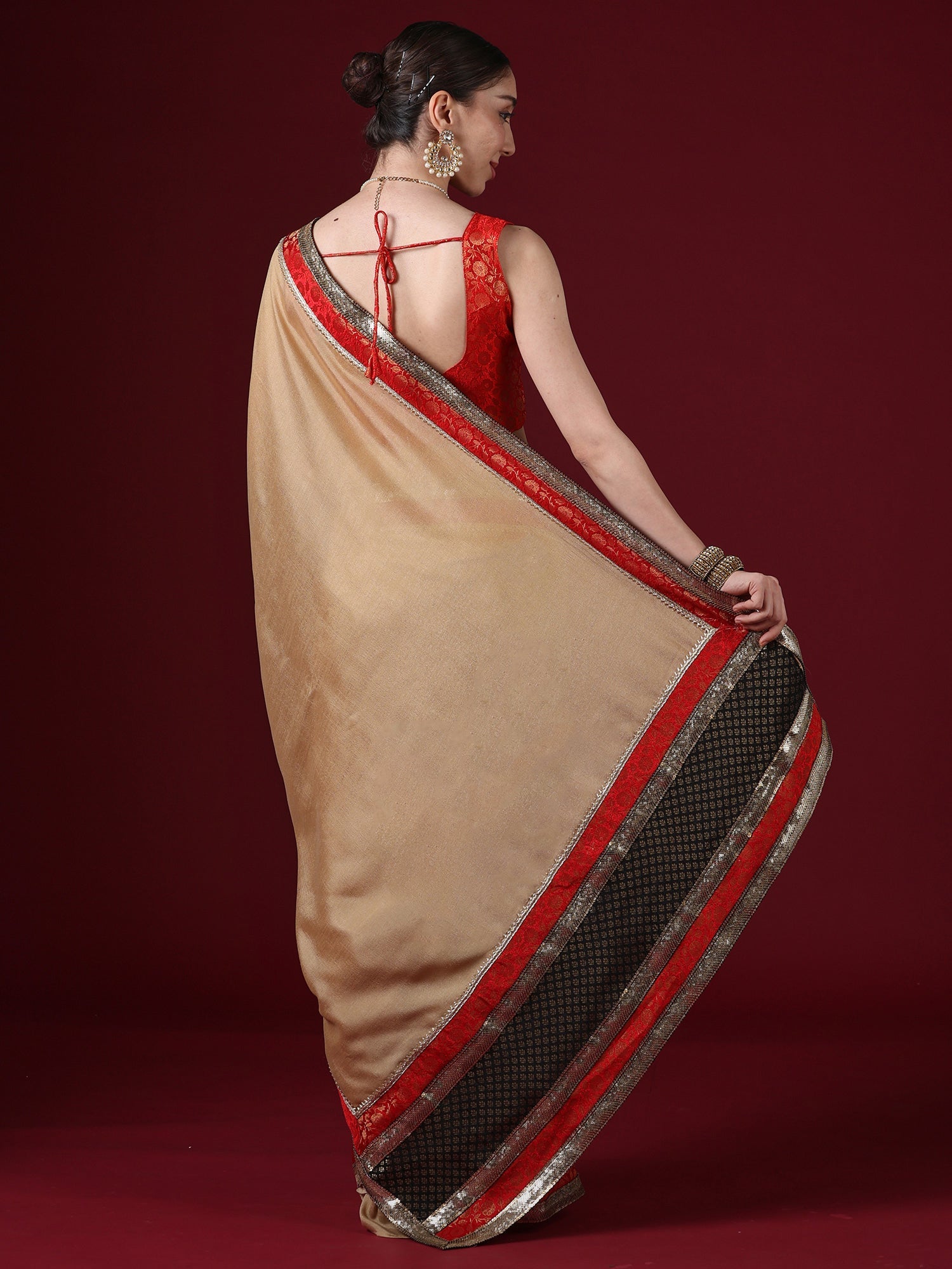 Beige Georgette Saree with Red Banarasi Border & Black Pallu - Ressa