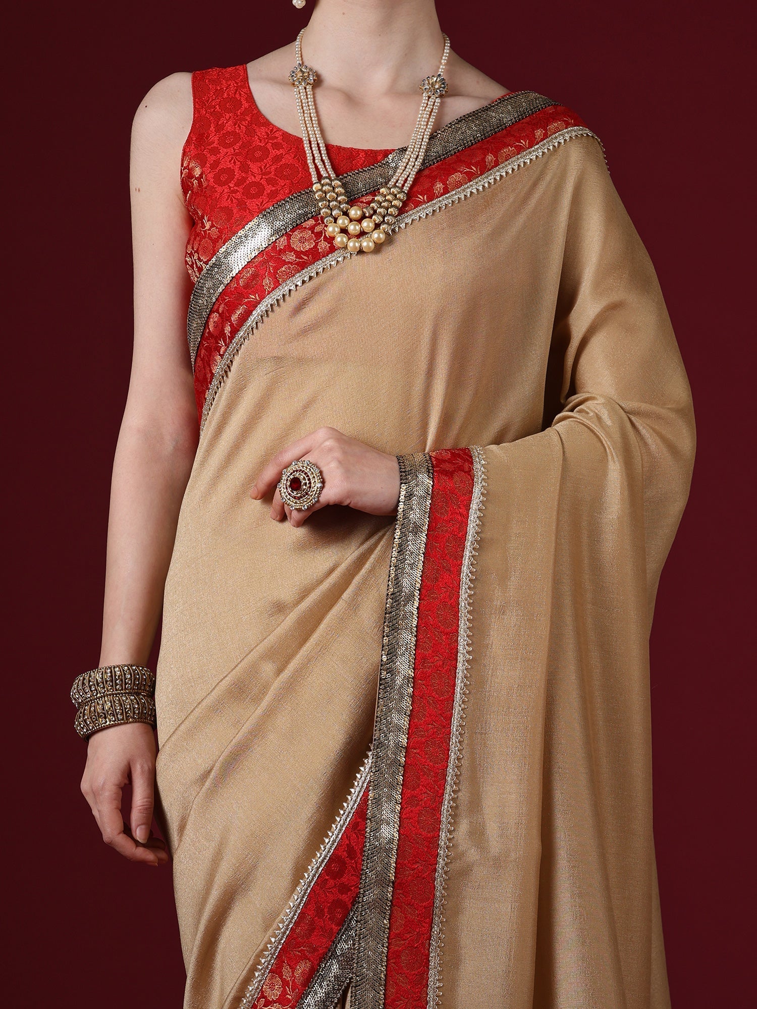 Beige Georgette Saree with Red Banarasi Border & Black Pallu - Ressa