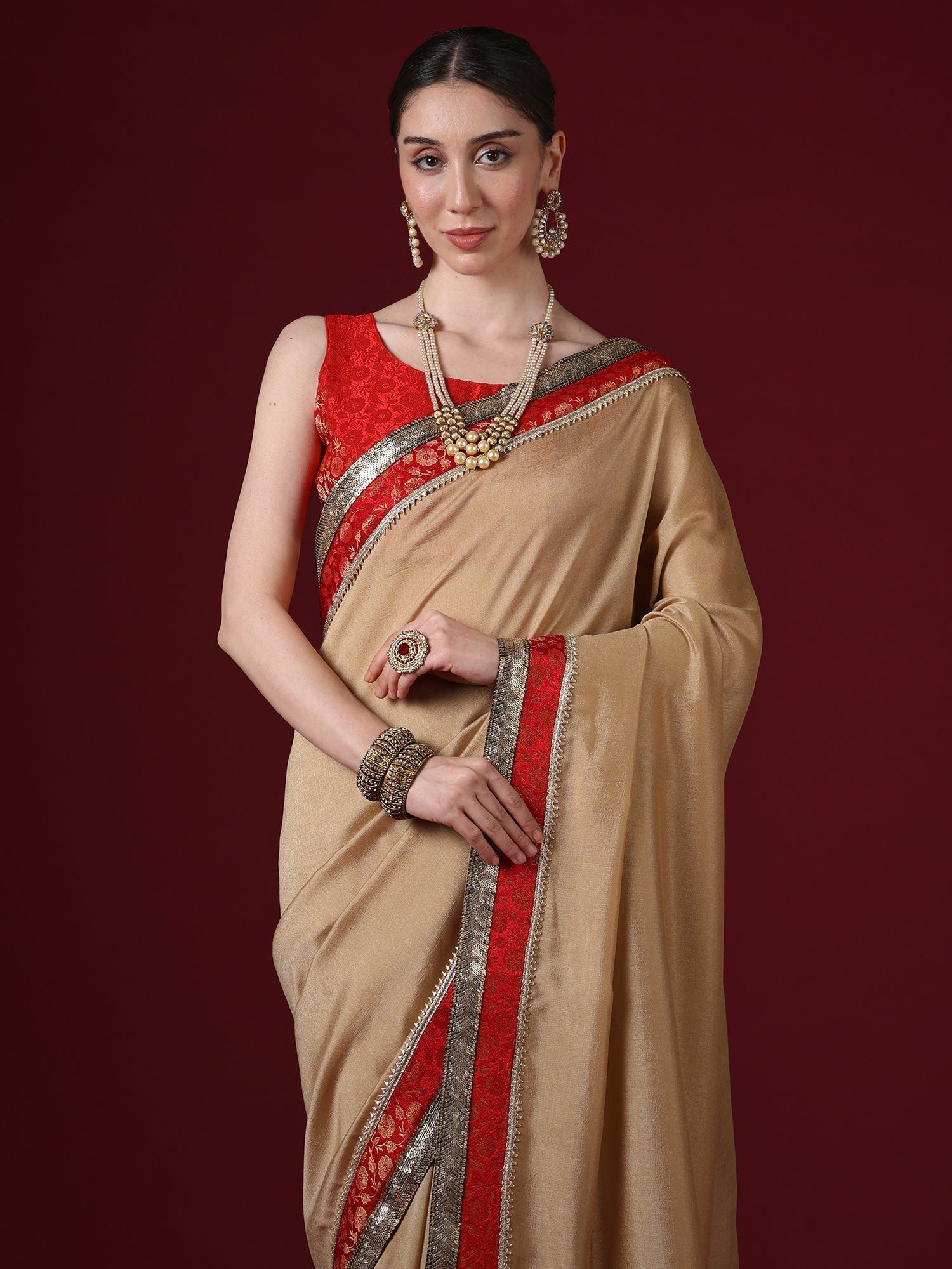 Beige Georgette Saree with Red Banarasi Border & Black Pallu - Ressa