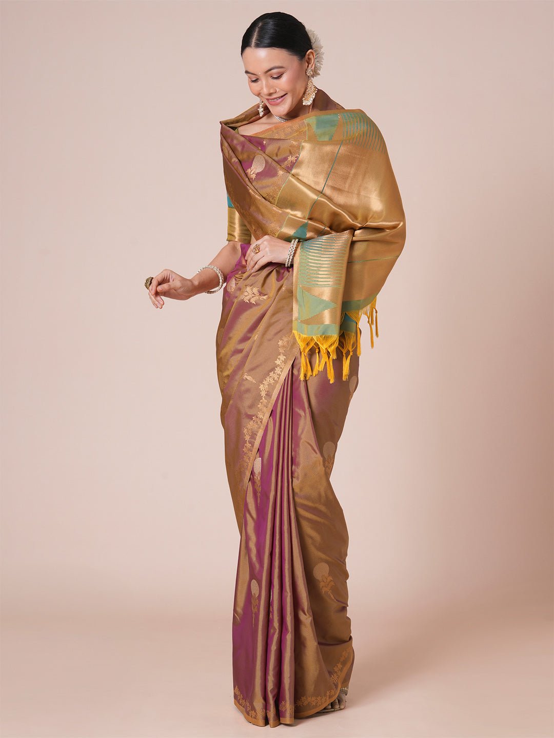 Beige Gold Banarasi Silk Saree - Ressa
