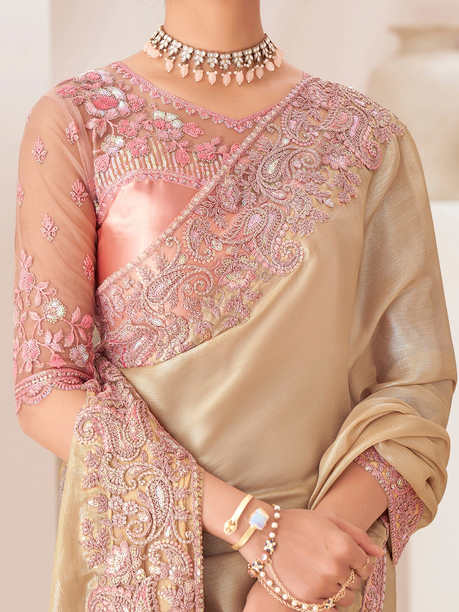 Beige Gold Emblished saree - Ressa