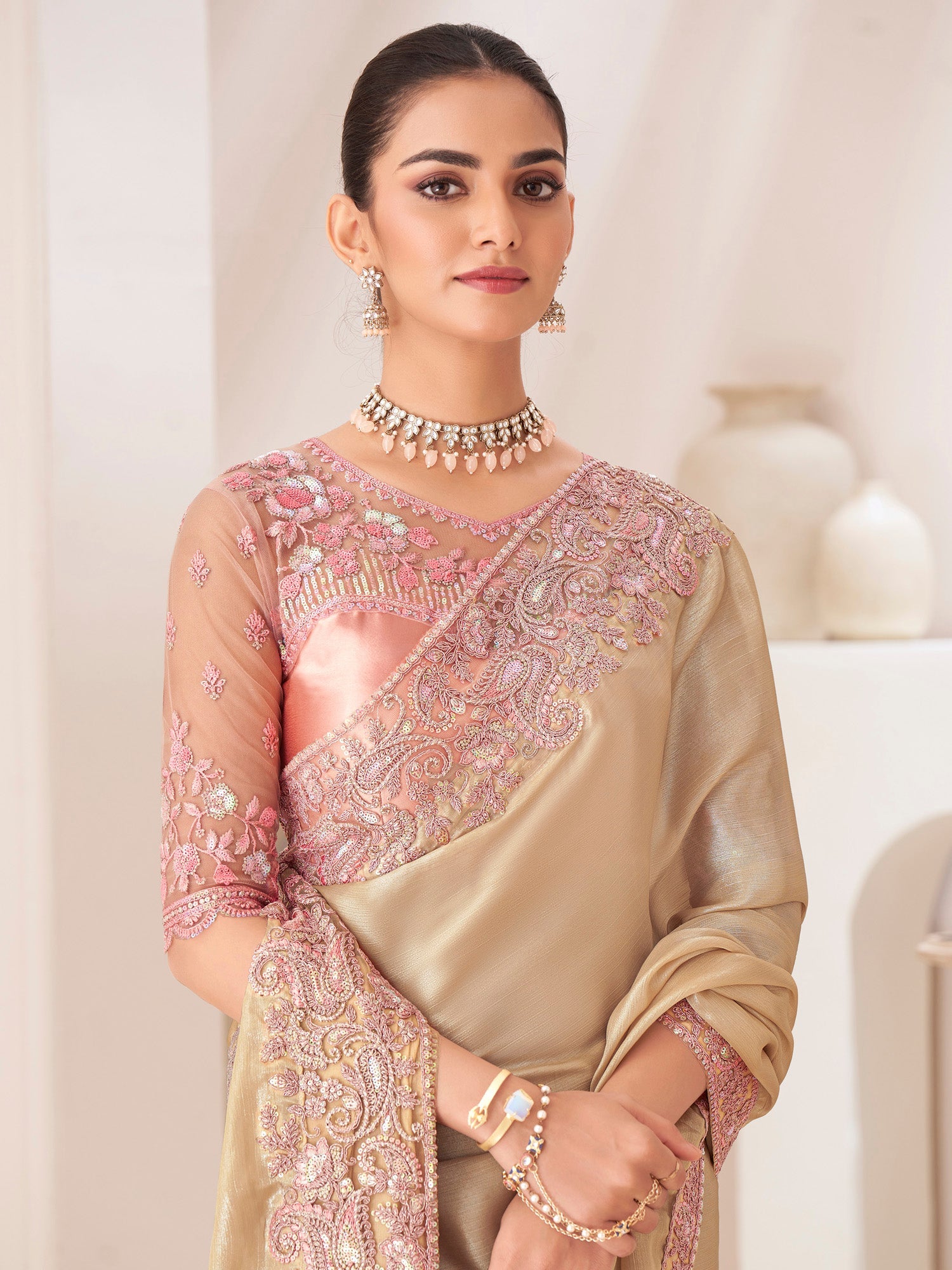 Beige Gold Emblished saree - Ressa