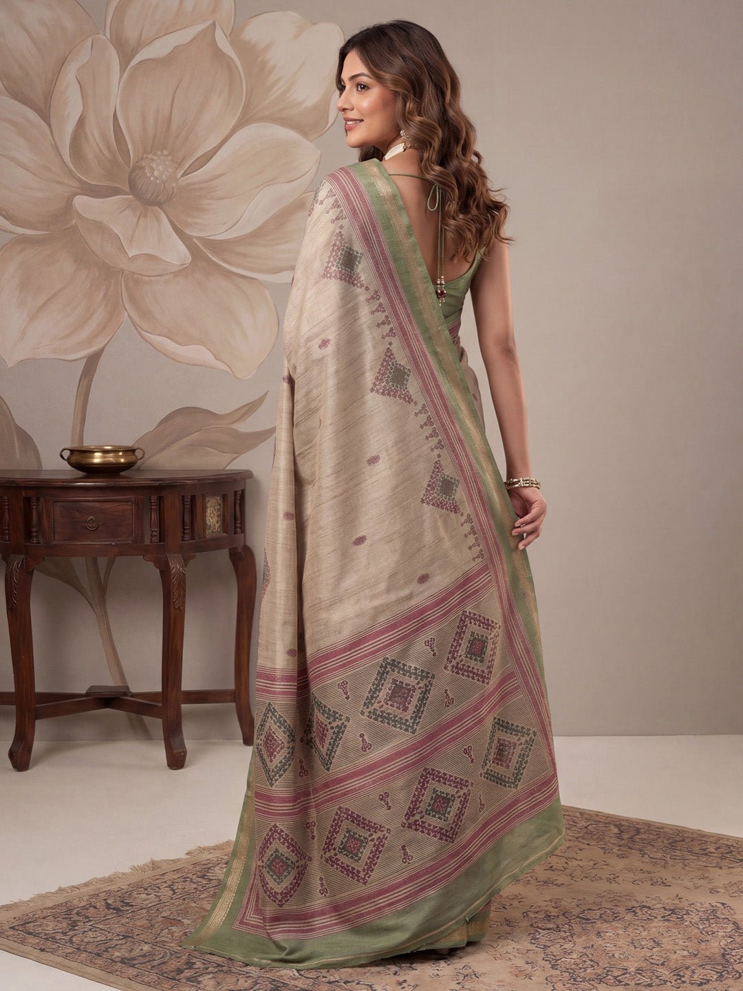 Beige & Green Tussar Silk Saree - Ressa