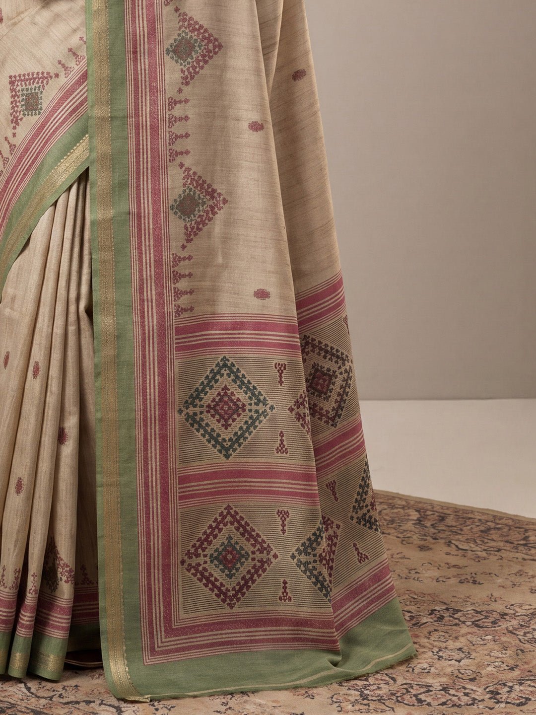 Beige & Green Tussar Silk Saree - Ressa