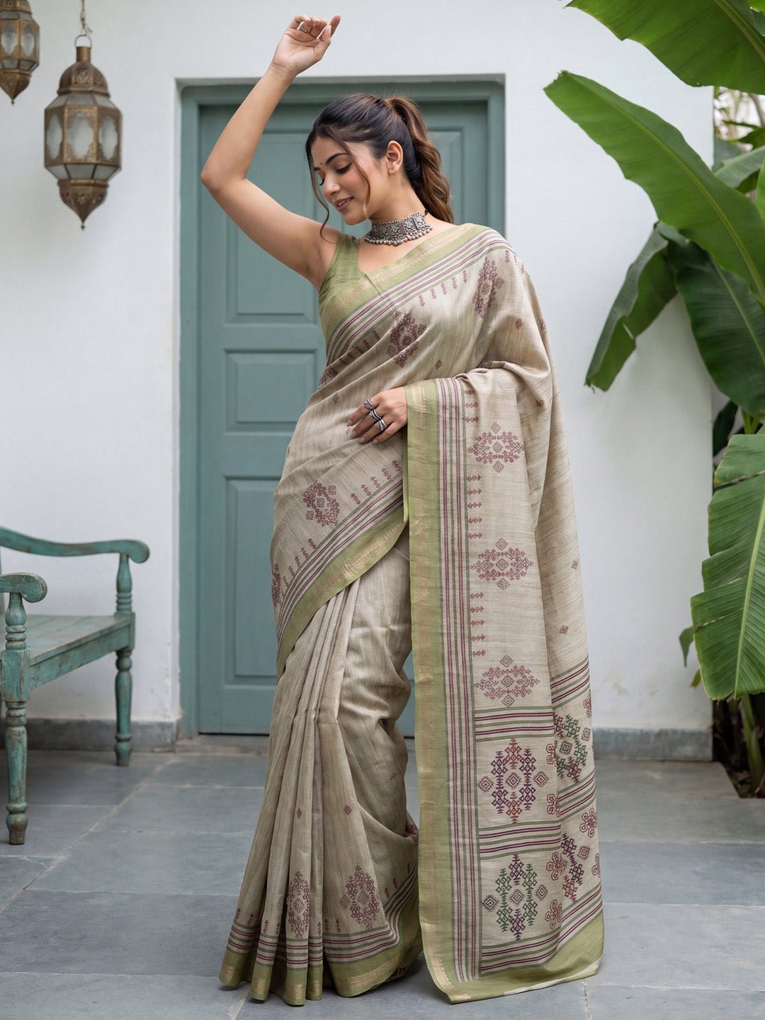 Beige & Green Tussar Silk Saree - Ressa