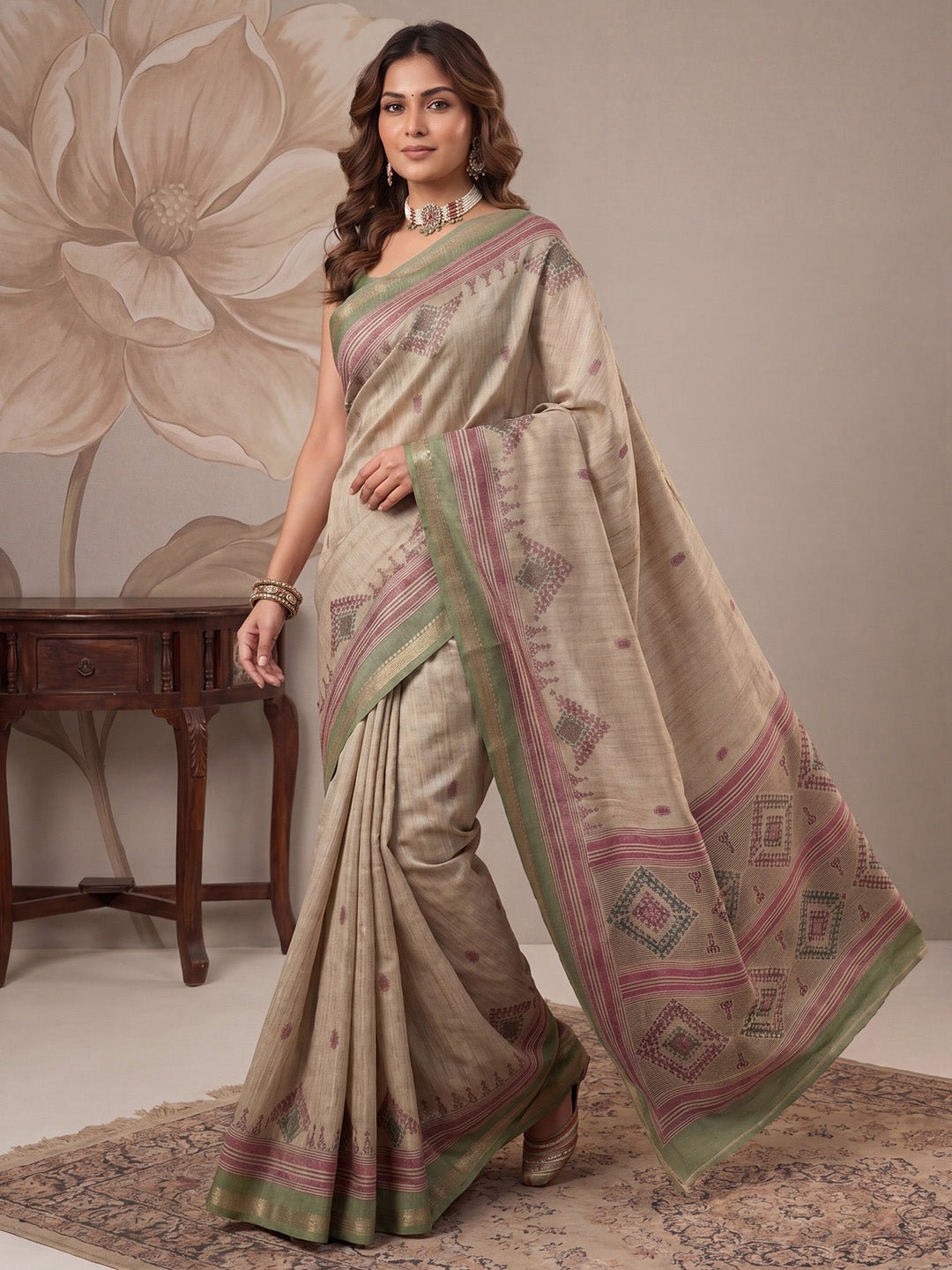 Beige & Green Tussar Silk Saree - Ressa