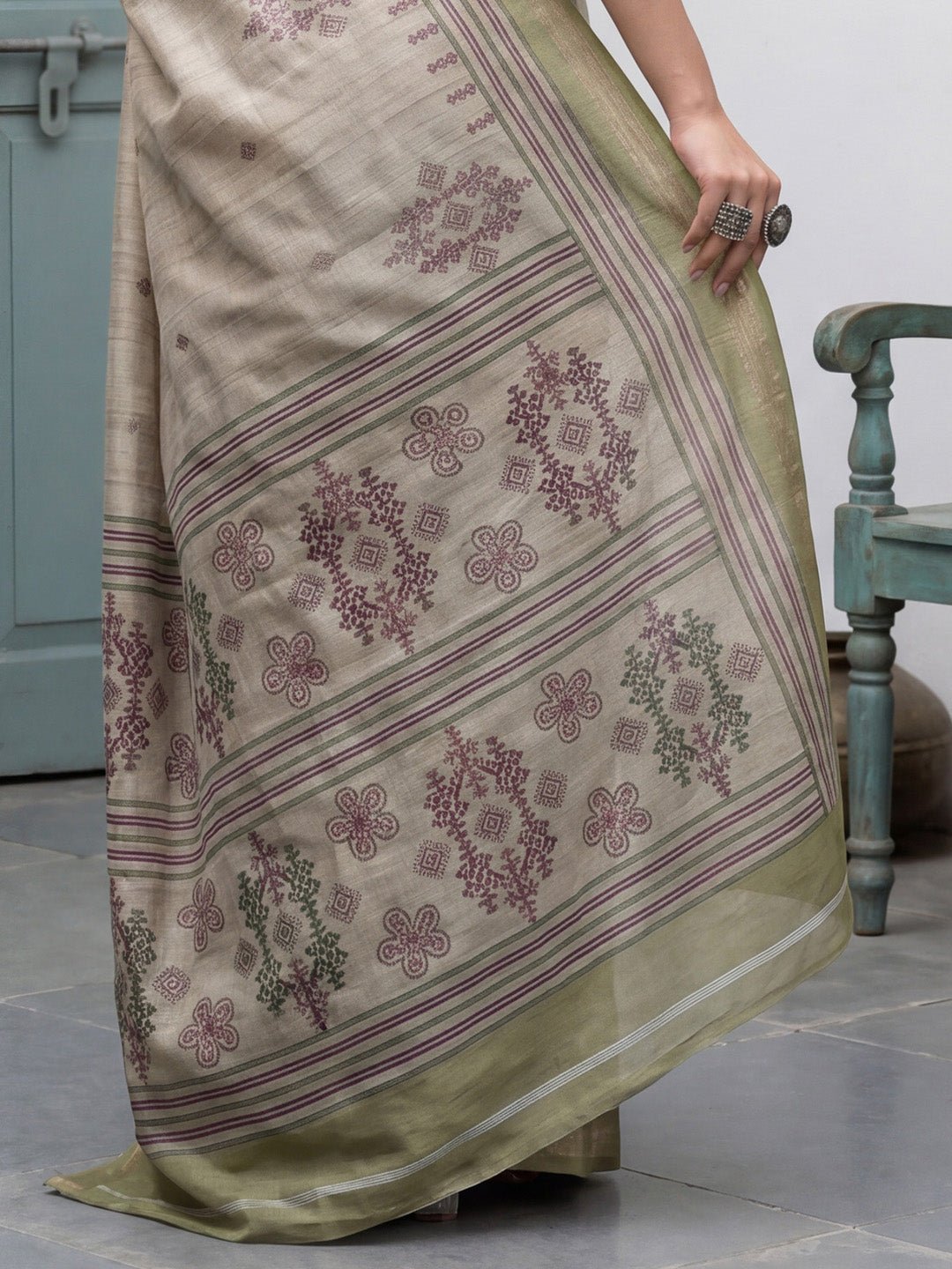 Beige & Green Tussar Silk Saree - Ressa