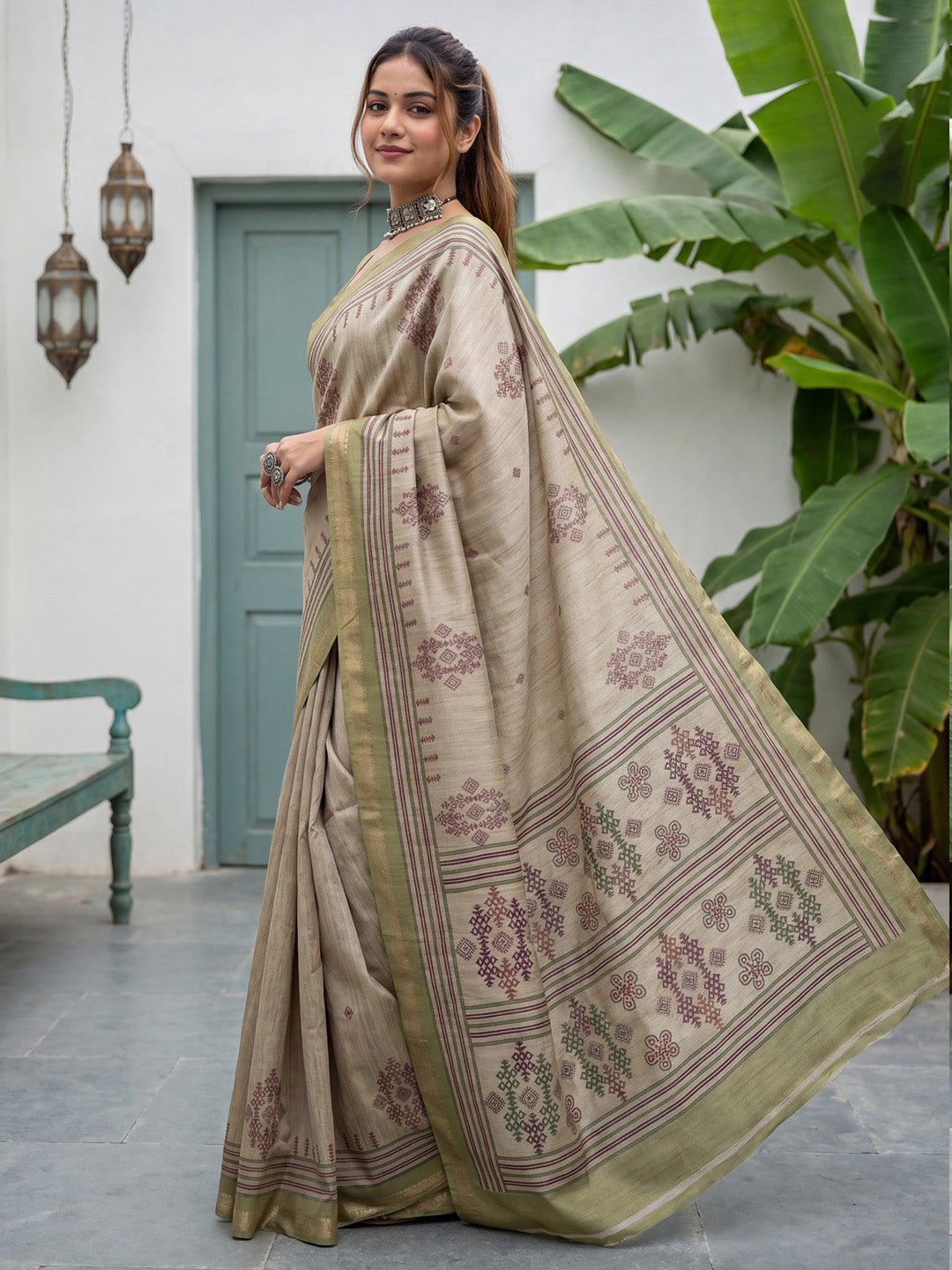 Beige & Green Tussar Silk Saree - Ressa