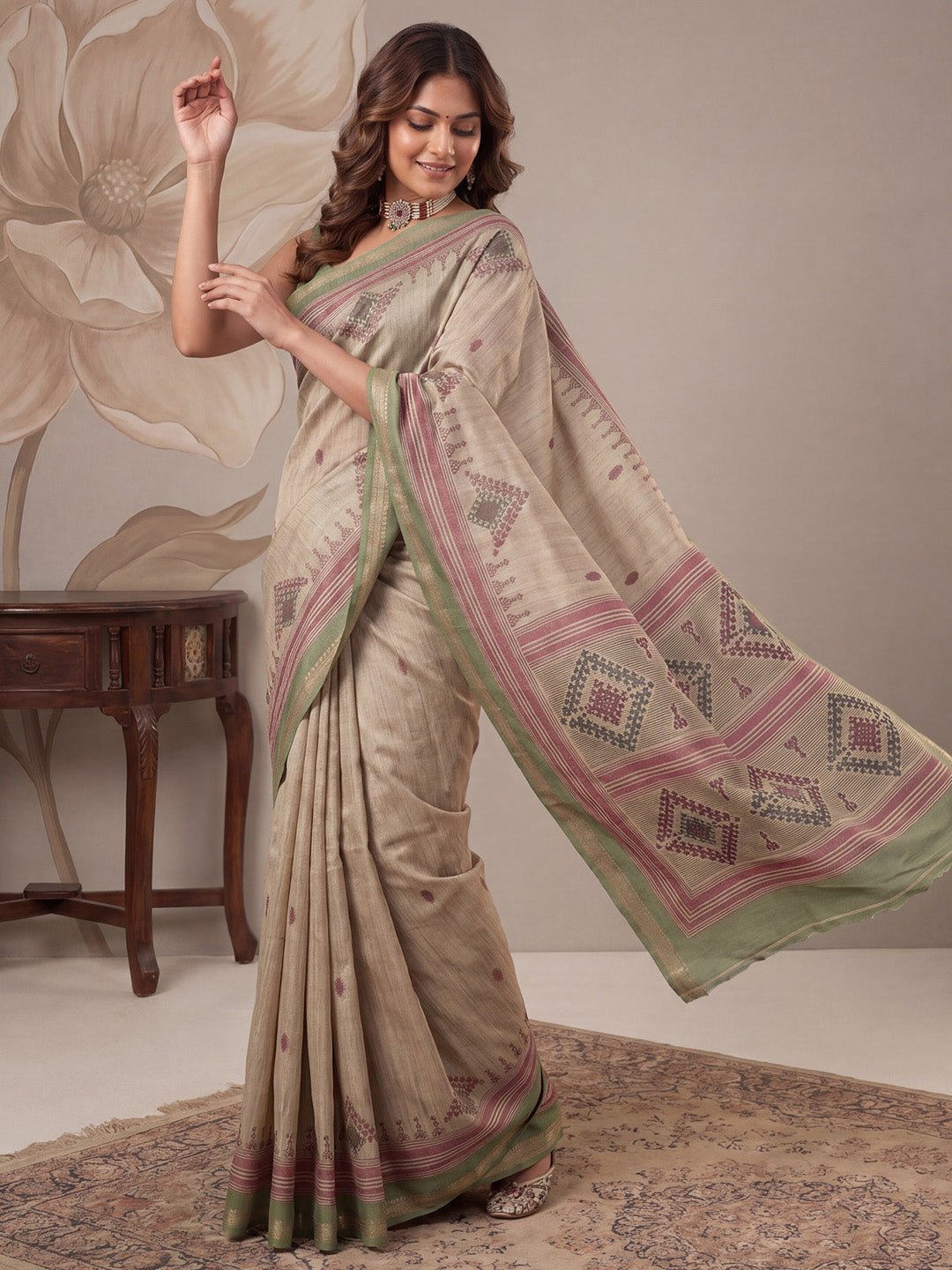 Beige & Green Tussar Silk Saree - Ressa