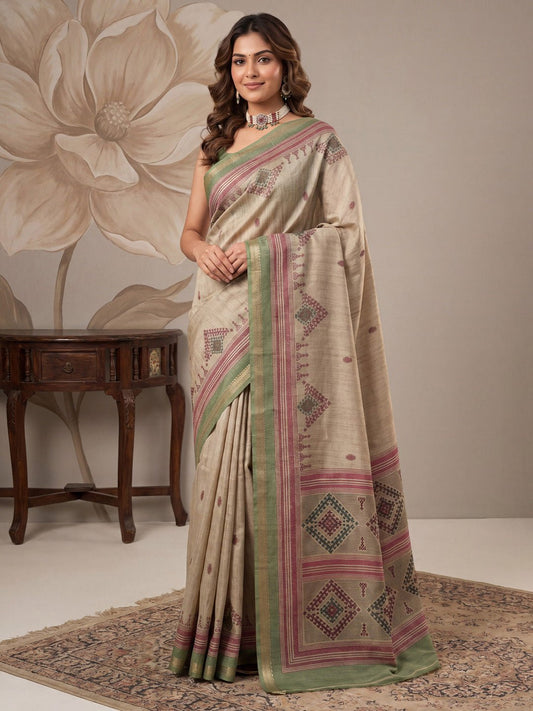 Beige & Green Tussar Silk Saree - Ressa