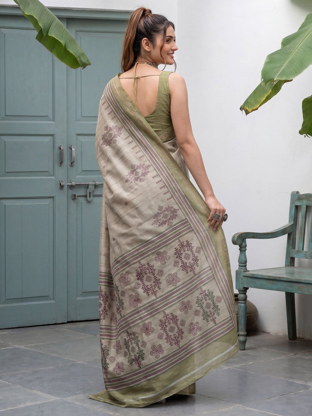 Beige & Green Tussar Silk Saree - Ressa