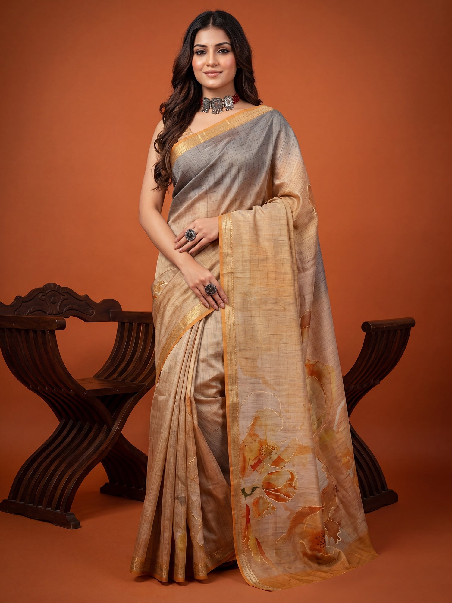 Beige & Grey Foil Print Saree - Ressa