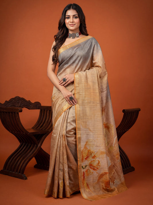 Beige & Grey Foil Print Saree - Ressa