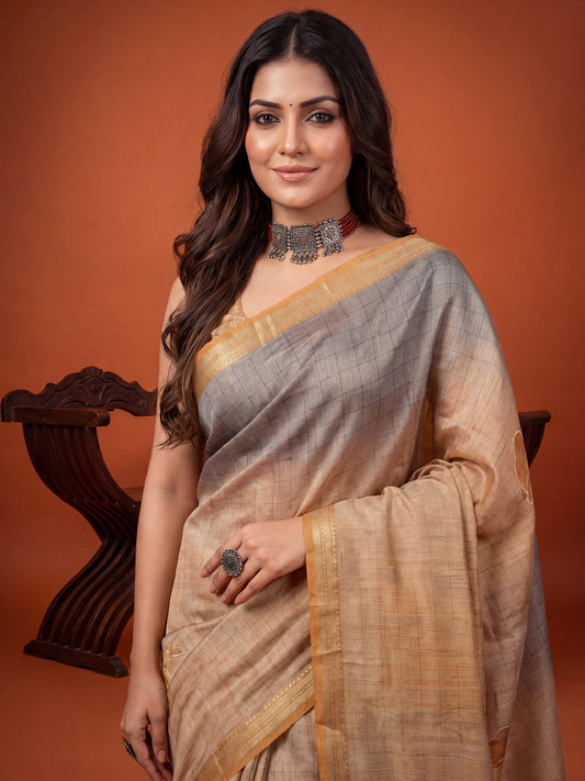 Beige & Grey Foil Print Saree - Ressa