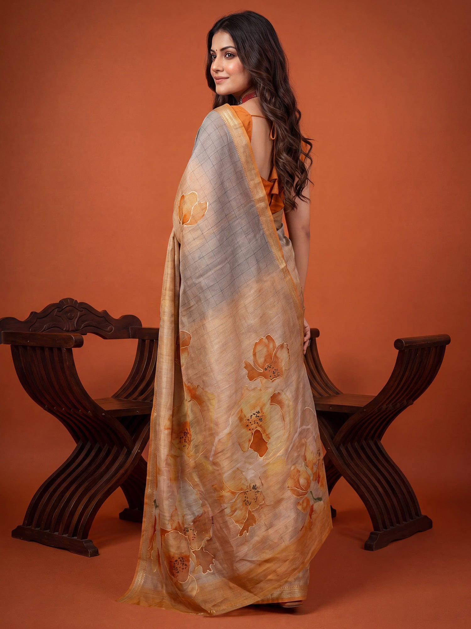 Beige & Grey Foil Print Saree - Ressa