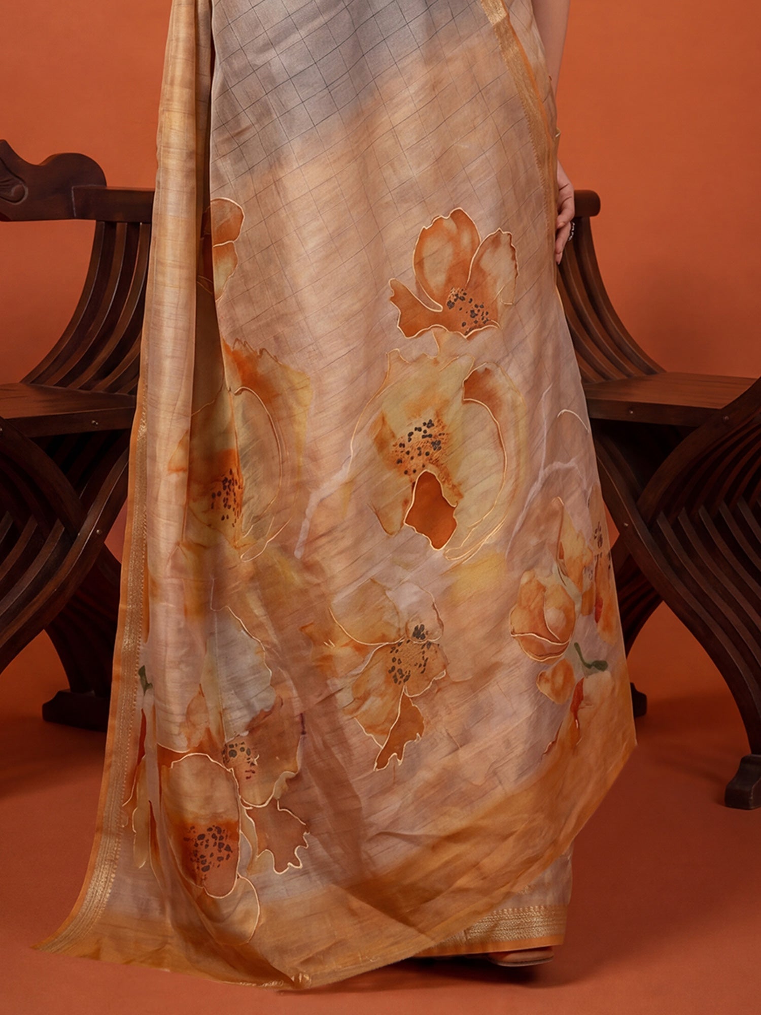 Beige & Grey Foil Print Saree - Ressa