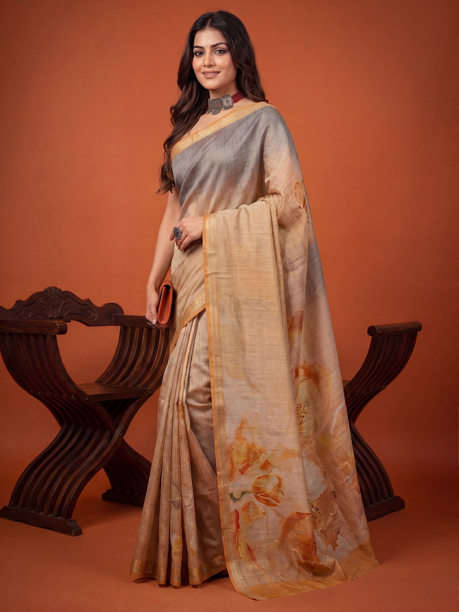 Beige & Grey Foil Print Saree - Ressa