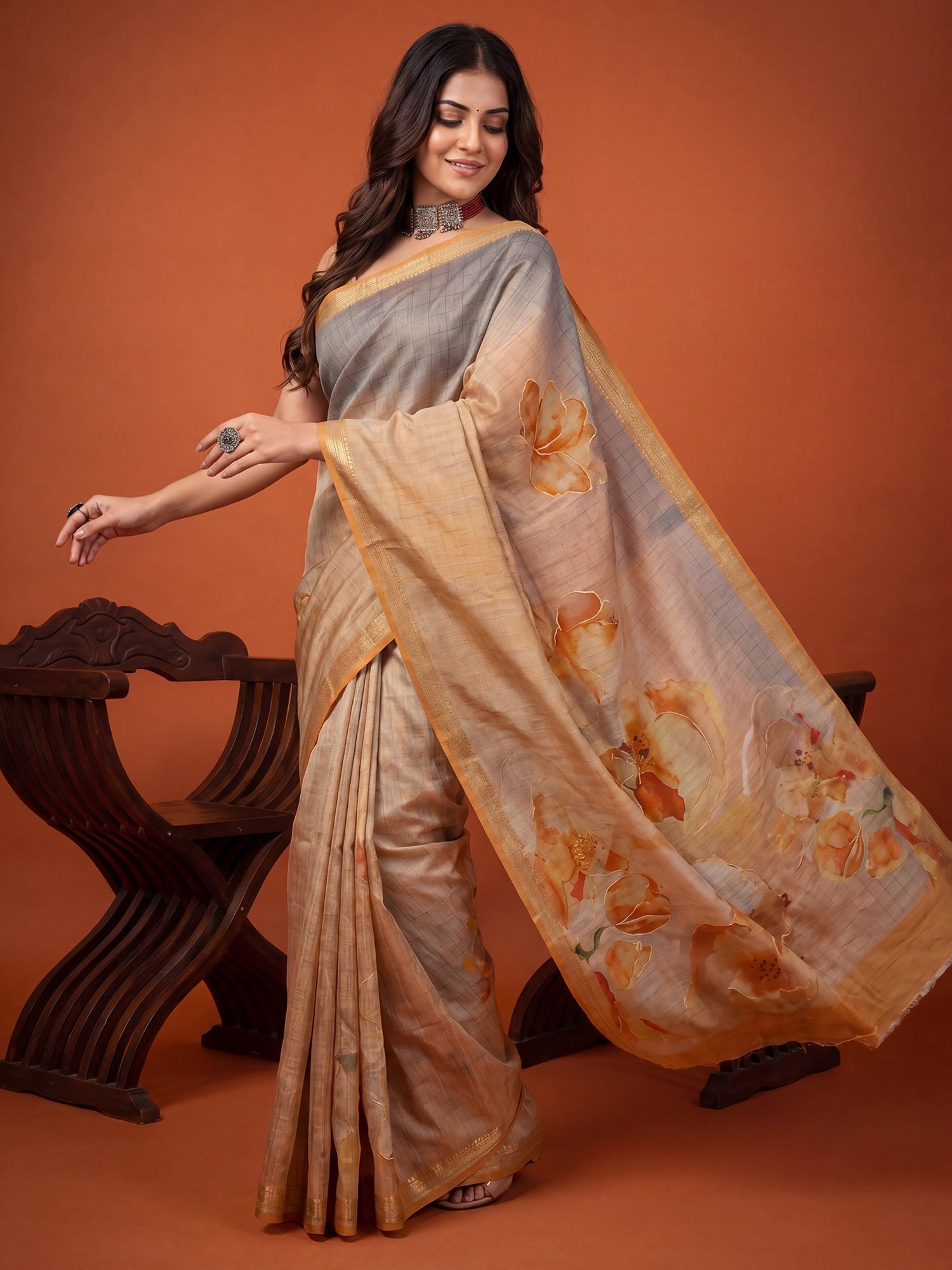 Beige & Grey Foil Print Saree - Ressa