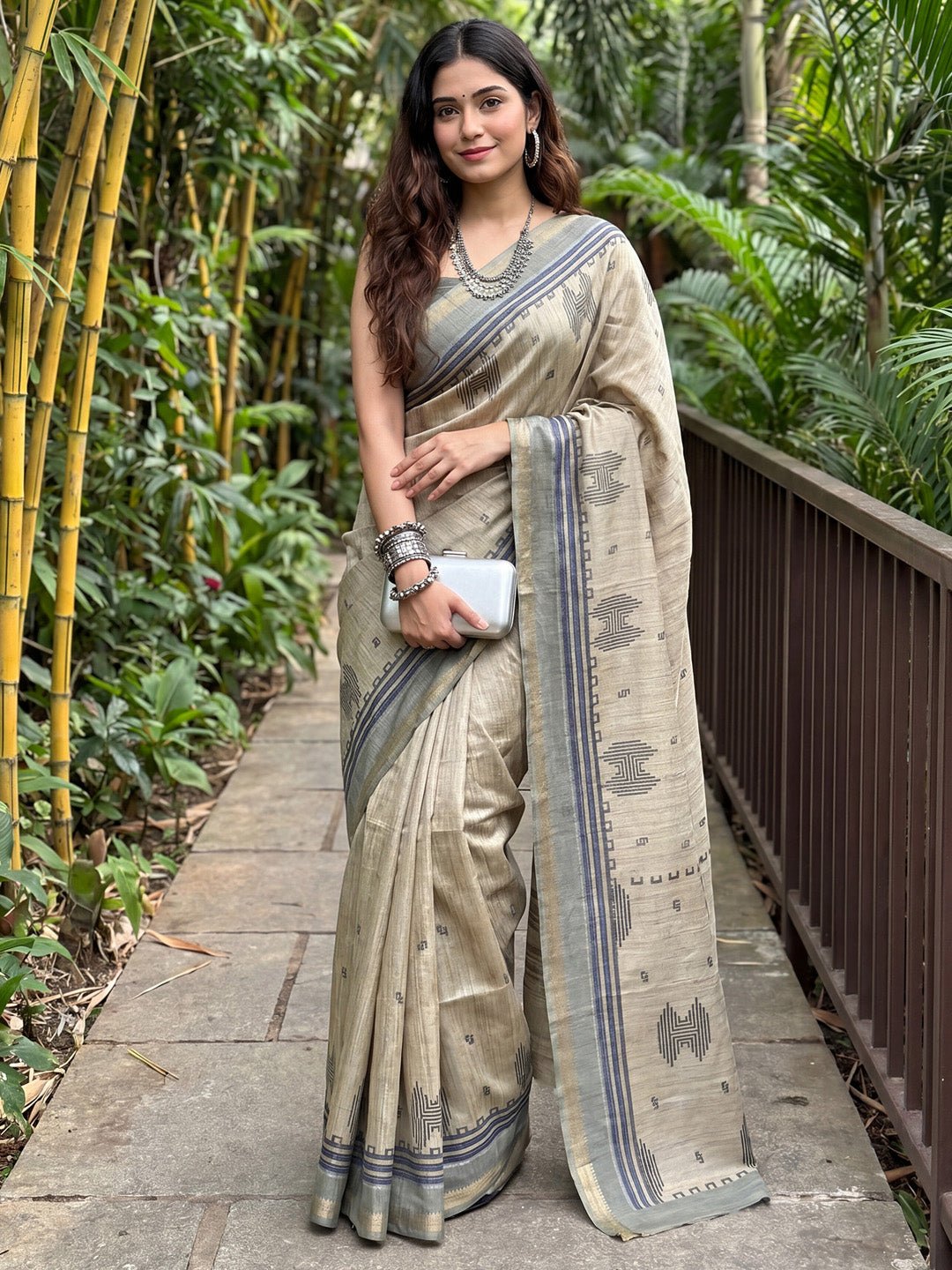Beige & Grey Tussar Silk Sare - Ressa