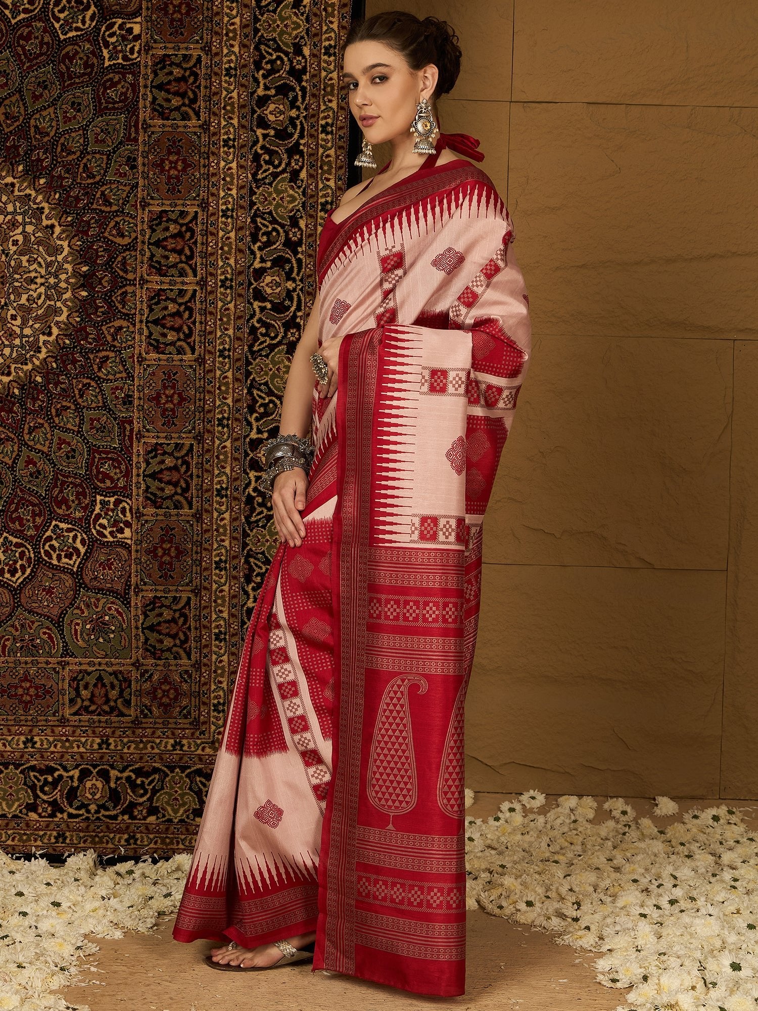 Beige Ikkat Printed Saree - Ressa