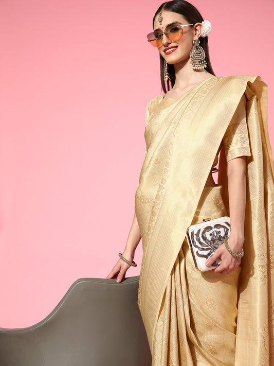 Beige Jari Woven Kanjivaram Saree - Ressa