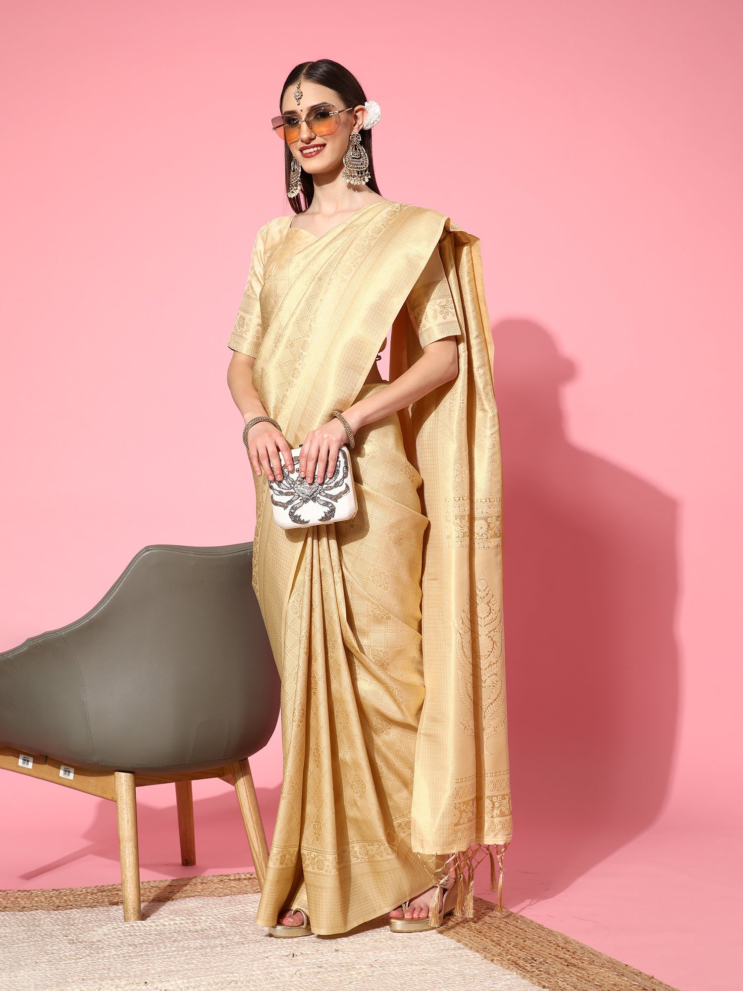 Beige Jari Woven Kanjivaram Saree - Ressa