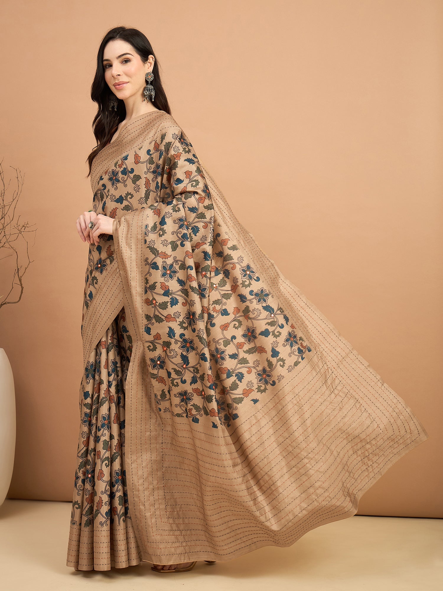 Beige Kalamkari Print Silk Blend Zari Border Saree - Ressa