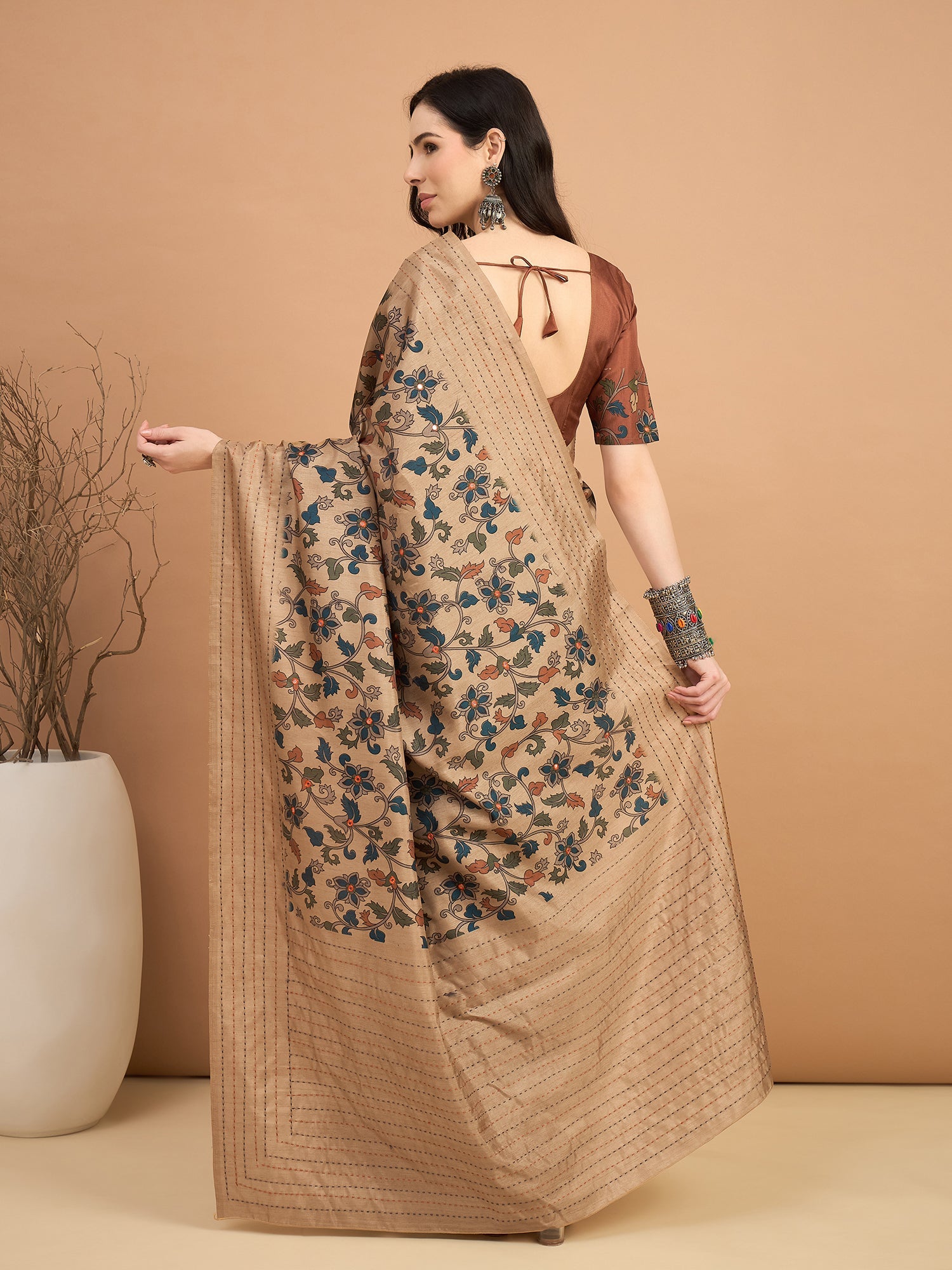 Beige Kalamkari Print Silk Blend Zari Border Saree - Ressa