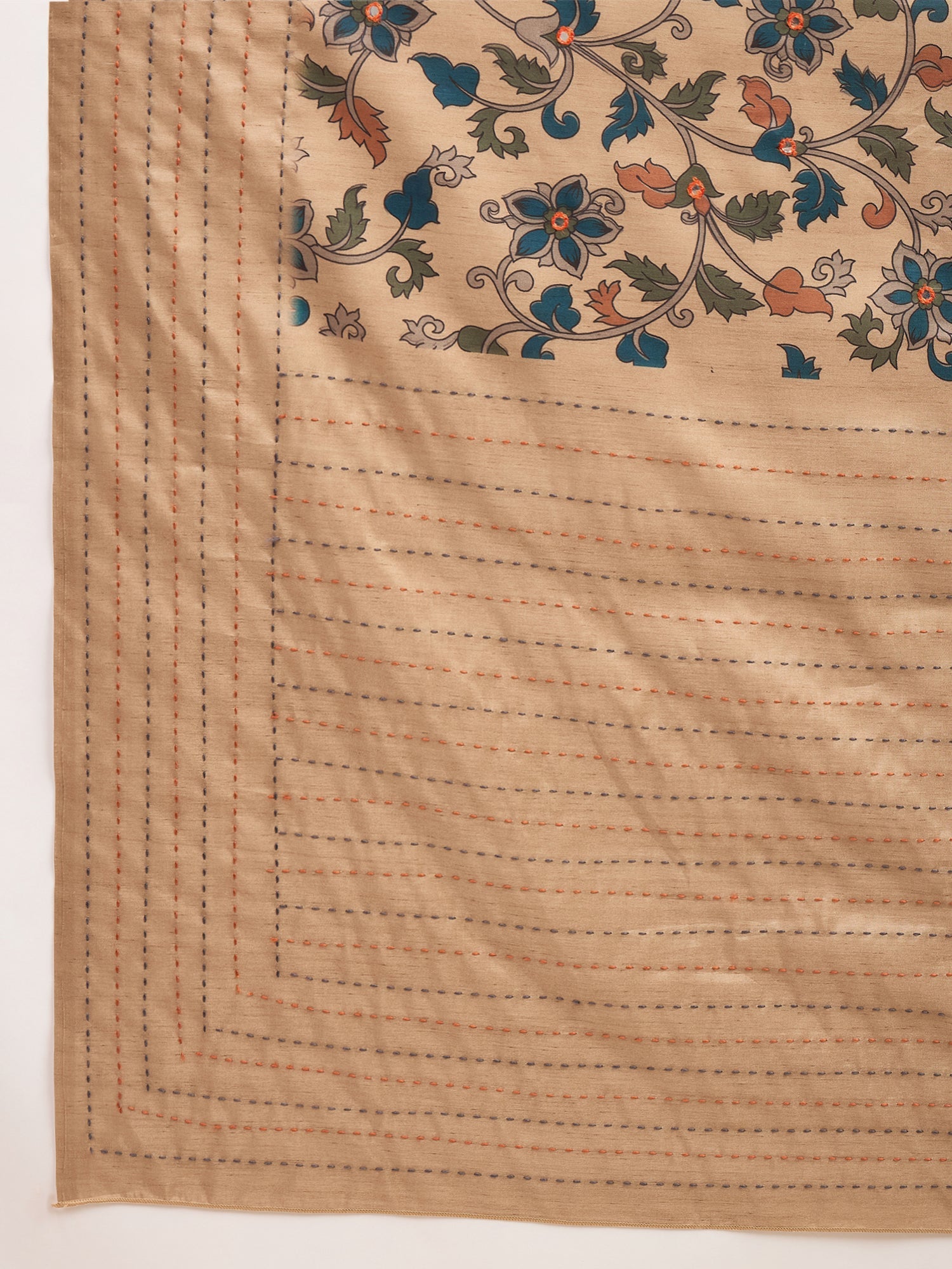 Beige Kalamkari Print Silk Blend Zari Border Saree - Ressa