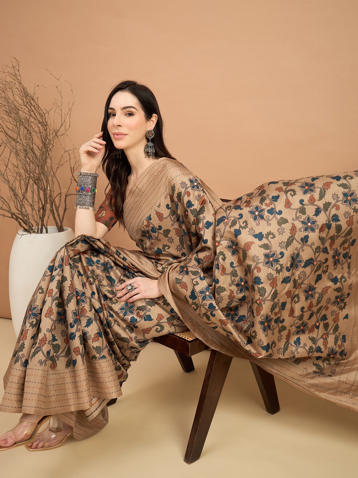 Beige Kalamkari Print Silk Blend Zari Border Saree - Ressa