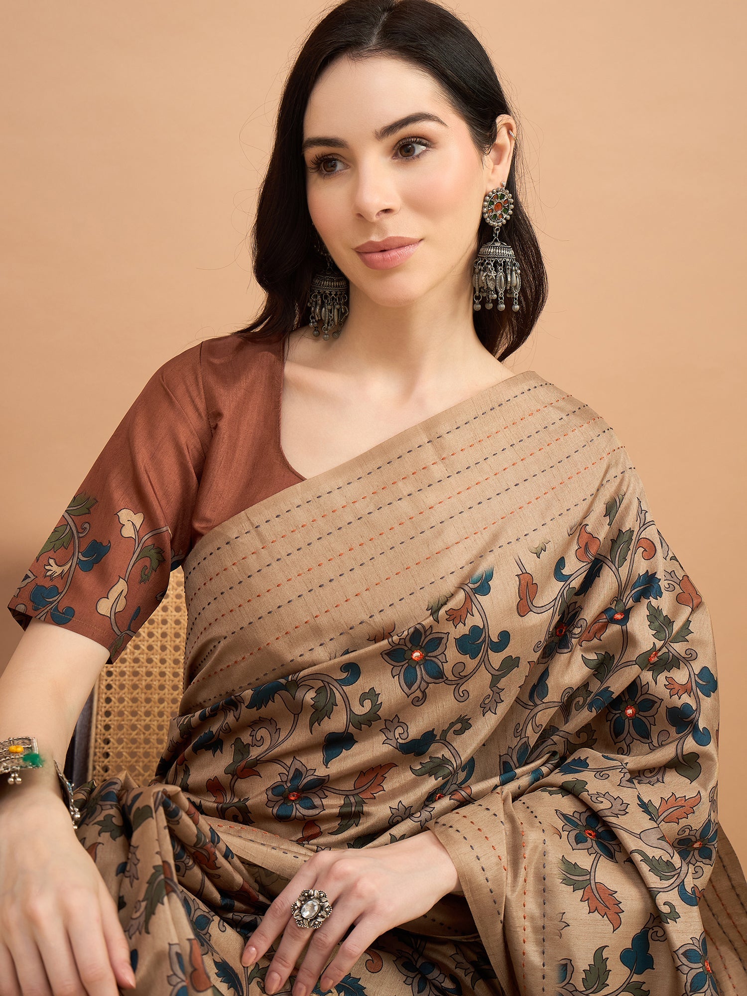 Beige Kalamkari Print Silk Blend Zari Border Saree - Ressa