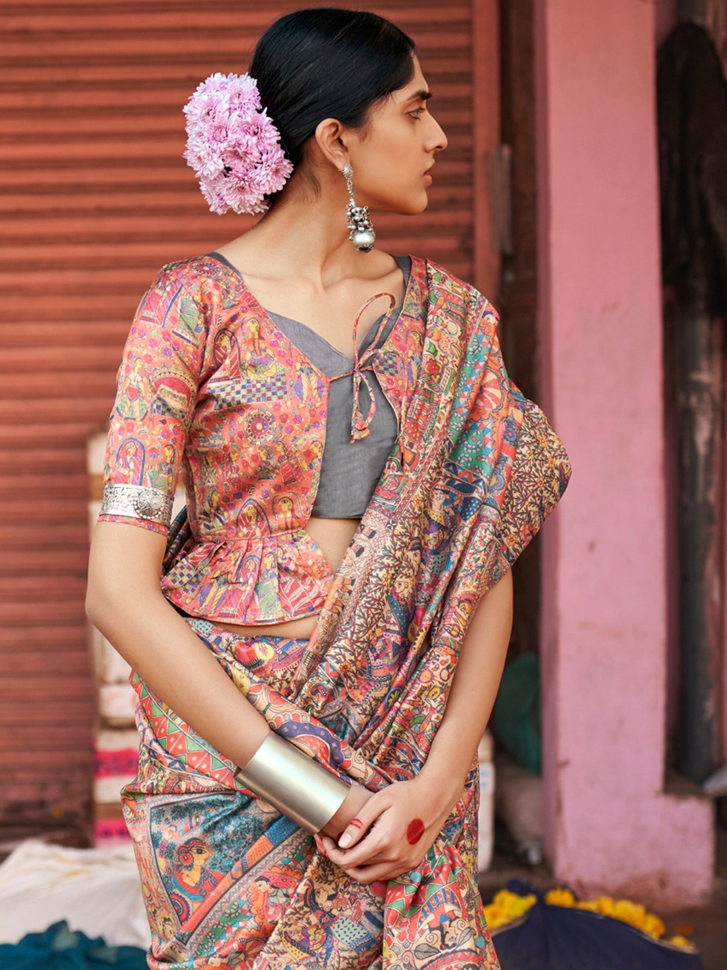 Beige Kalamkari Silk Saree with Multicolour Medallion Narrative Print, Slate Grey Border & Kalamkari Peplum Blouse - Ressa