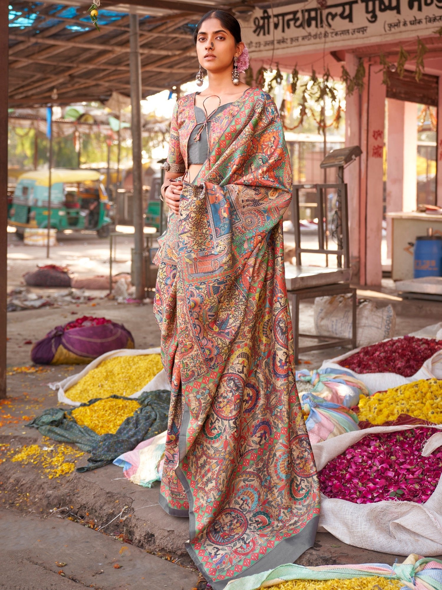 Beige Kalamkari Silk Saree with Multicolour Medallion Narrative Print, Slate Grey Border & Kalamkari Peplum Blouse - Ressa