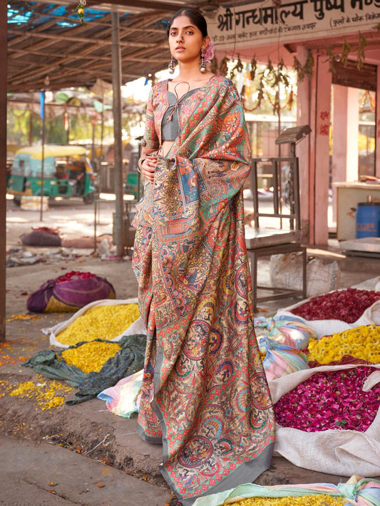 Beige Kalamkari Silk Saree with Multicolour Medallion Narrative Print, Slate Grey Border & Kalamkari Peplum Blouse - Ressa