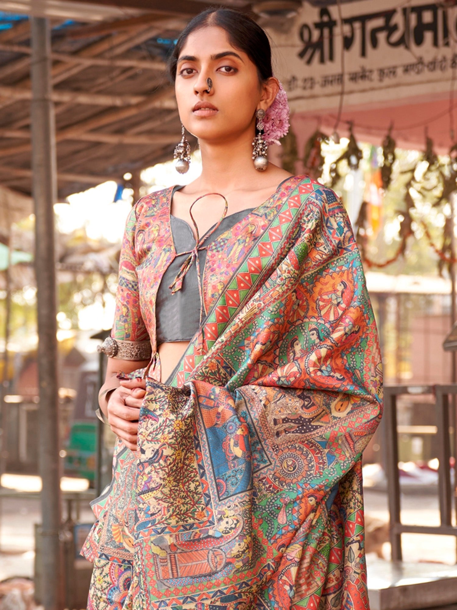 Beige Kalamkari Silk Saree with Multicolour Medallion Narrative Print, Slate Grey Border & Kalamkari Peplum Blouse - Ressa