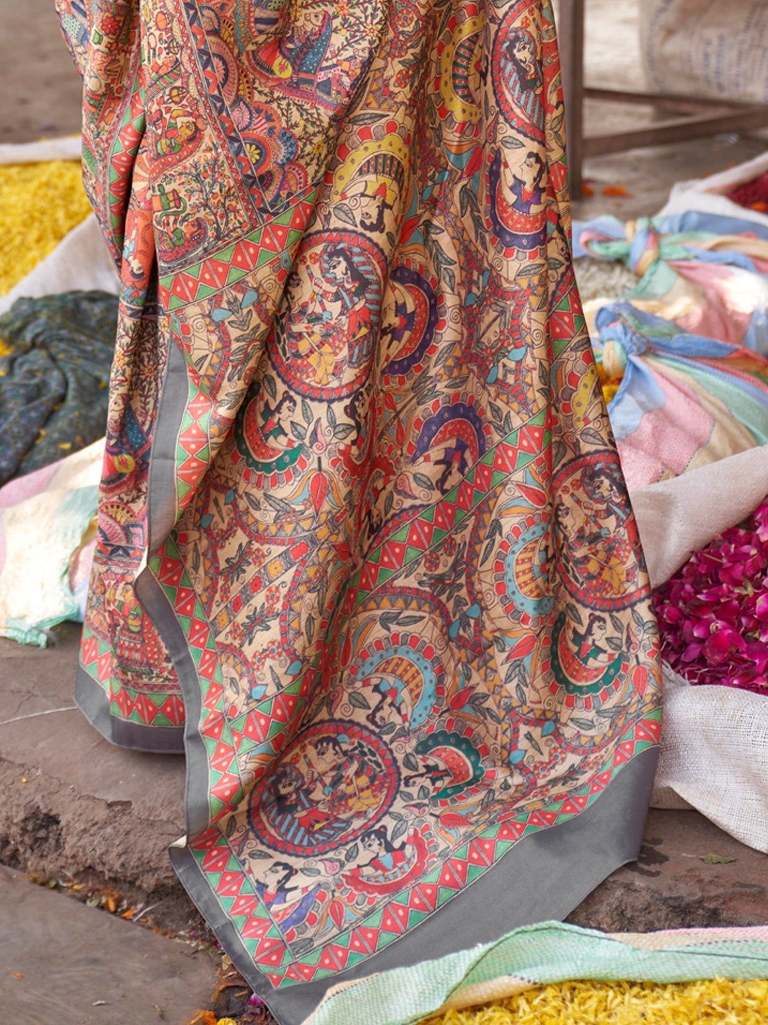 Beige Kalamkari Silk Saree with Multicolour Medallion Narrative Print, Slate Grey Border & Kalamkari Peplum Blouse - Ressa