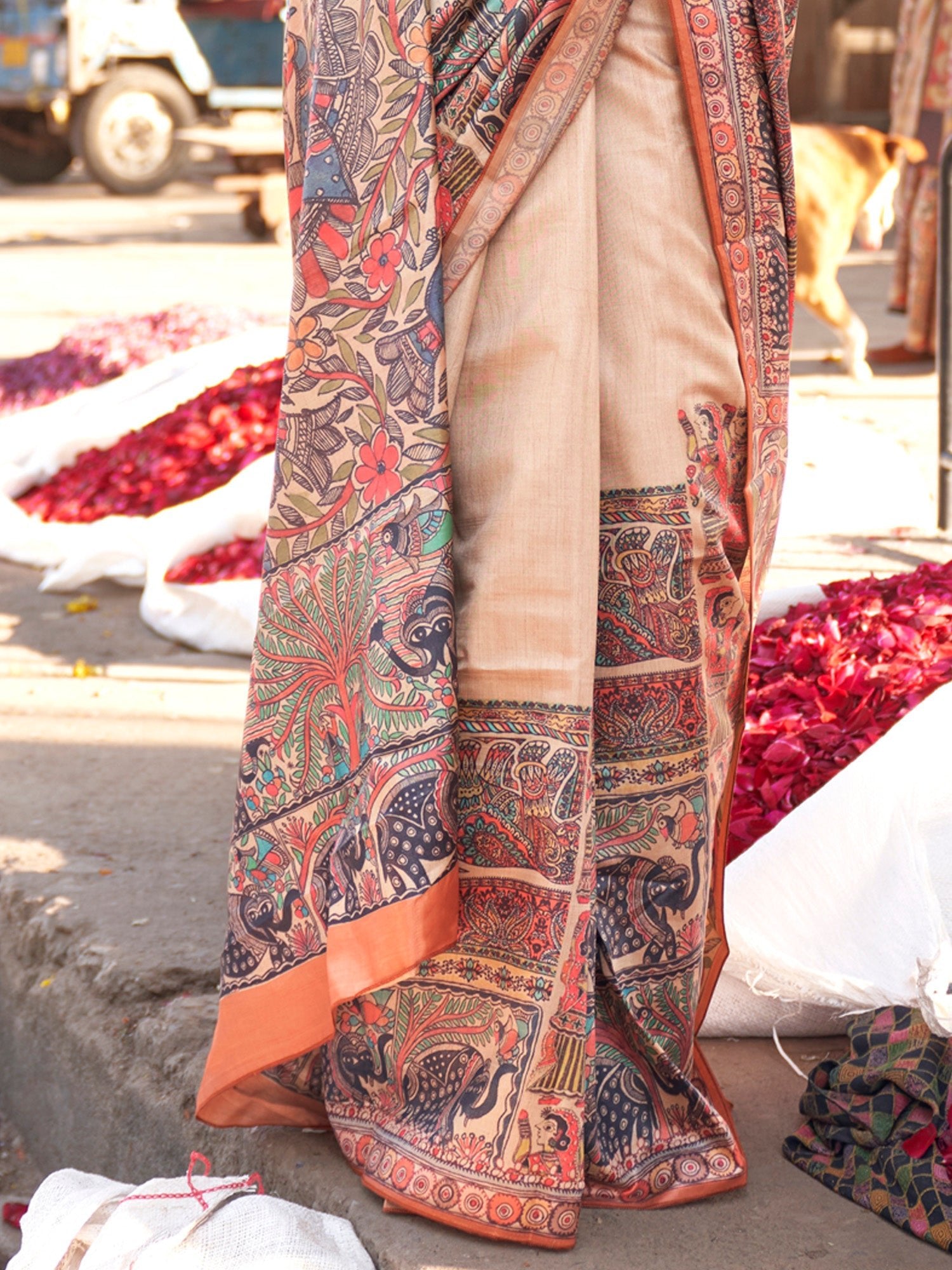 Beige Madhubani Silk Saree with Multicolour Folk Art Print, Terracotta Border & Madhubani Blouse - Ressa