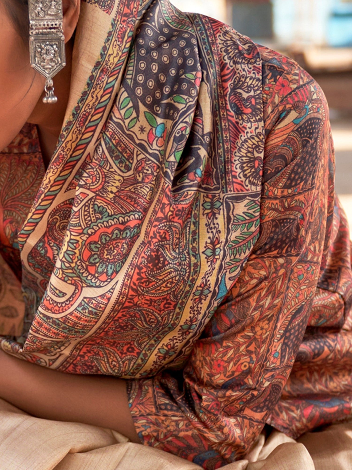 Beige Madhubani Silk Saree with Multicolour Folk Art Print, Terracotta Border & Madhubani Blouse - Ressa