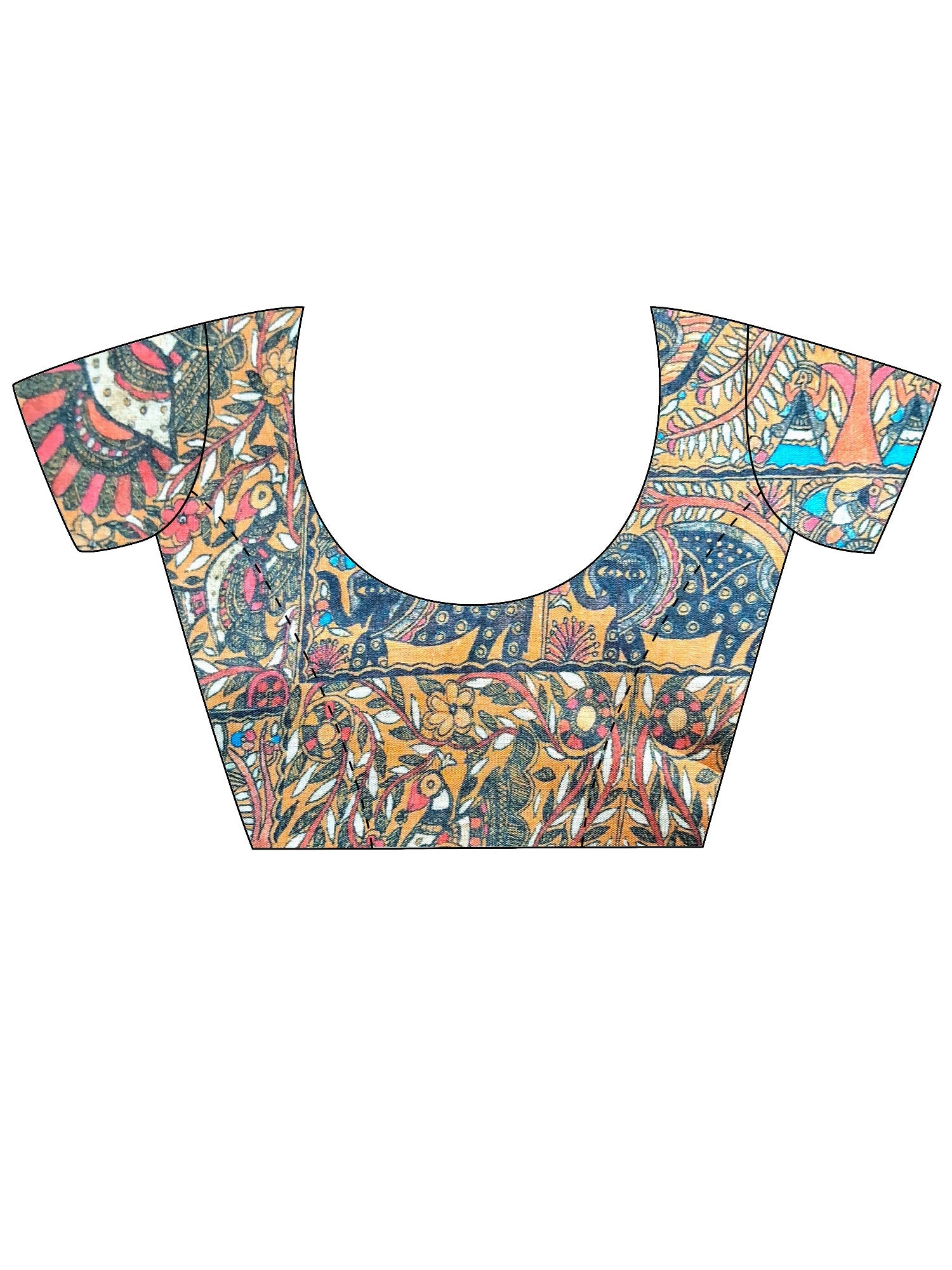 Beige Madhubani Silk Saree with Multicolour Folk Art Print, Terracotta Border & Madhubani Blouse - Ressa