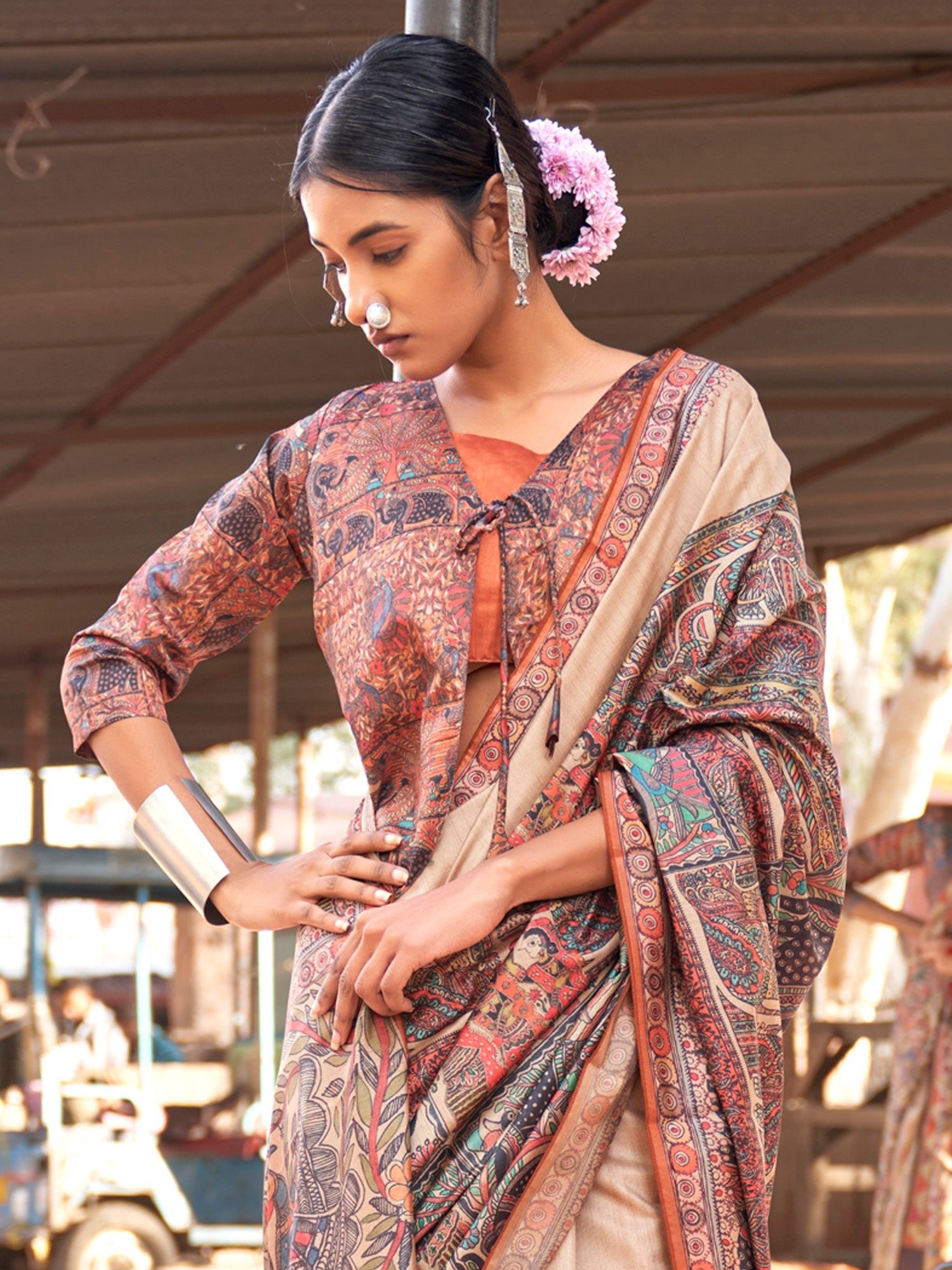Beige Madhubani Silk Saree with Multicolour Folk Art Print, Terracotta Border & Madhubani Blouse - Ressa