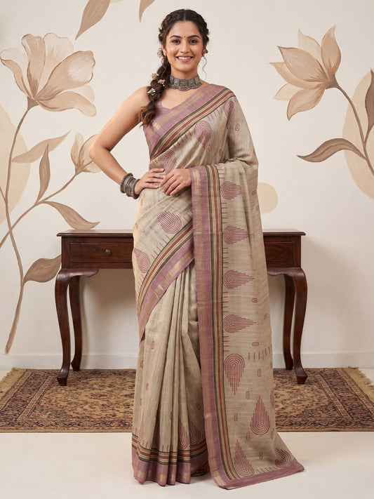Beige & Mauve Tussar Silk Saree - Ressa