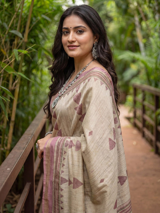Beige & Mauve Tussar Silk Saree - Ressa