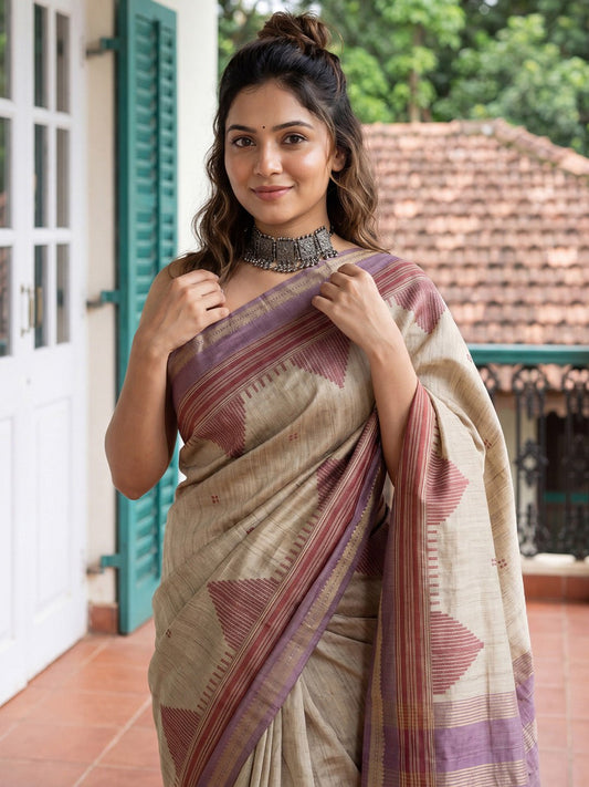 Beige & Mauve Tussar Silk Saree - Ressa