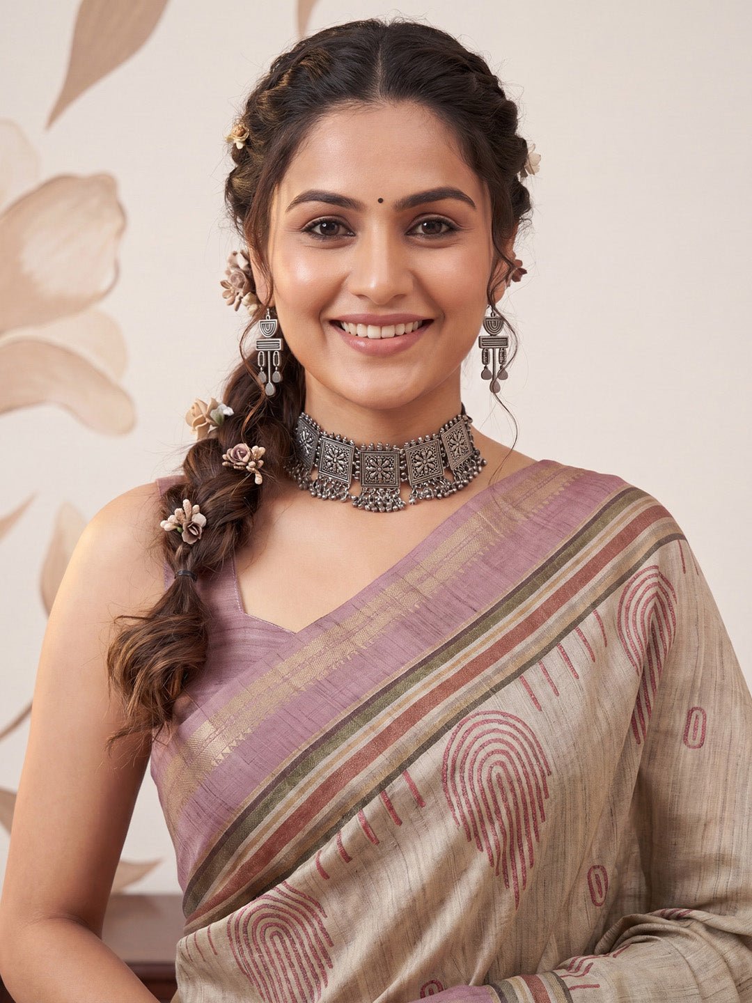 Beige & Mauve Tussar Silk Saree - Ressa